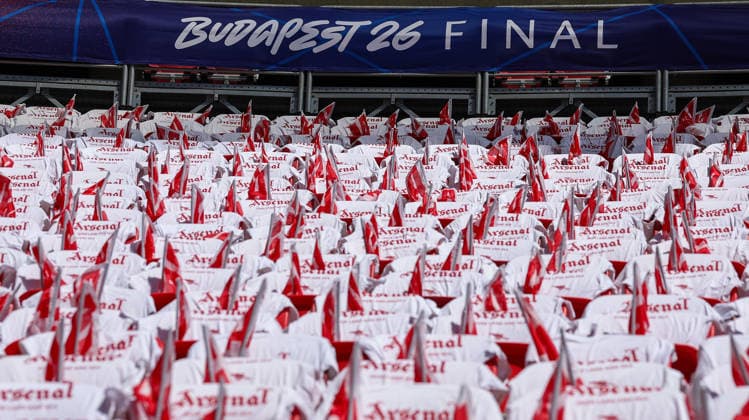Paris Saint-Germain, Open Training Session Ground View of The Puskas ArÃ na with the Arsenal area draped in shirts and scarfs ahead of the open training session for Paris Saint-Germain ahead of the Champions League Cup Final at Puskas Arena Park, Budapest, Hungary on 29 May 2026. Budapest Puskas Arena Park Hungary Editorial use only , Copyright: xChrisxFoxwellx PSI-24345-0013