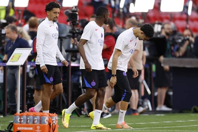 BUDAPEST - (l-r) Marquinhos of Paris Saint-Germain, Ousmane Dembele of Paris Saint-Germain, Achraf Hakimi of Paris Saint-Germain during the MD-1 training ahead of the UEFA Champions League final between Paris Saint-Germain and Arsenal FC at Puskas ArÃ na on May 29, 2026, Budapest, Hungary. MAURICE VAN STEEN ANP UEFA Champions League Final 2026 2025-2026 xVIxANPxSportx xMauricexvanxSteenxIVx 559600170 originalFilename: 559600170.jpg