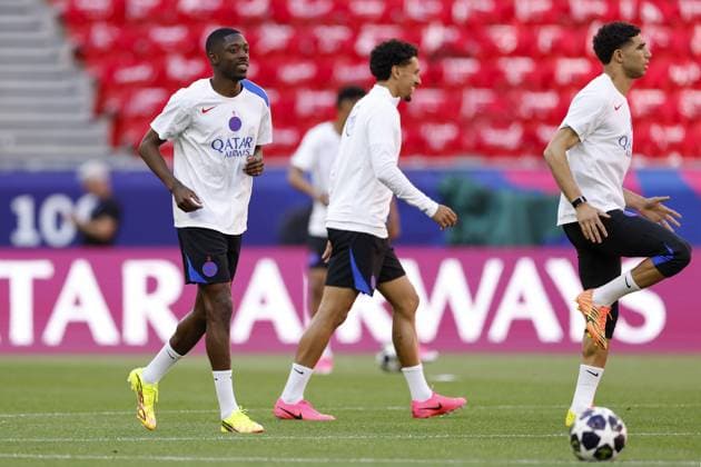 BUDAPEST - (l-r) Ousmane Dembele of Paris Saint-Germain, Marquinhos of Paris Saint-Germain, Achraf Hakimi of Paris Saint-Germain during the MD-1 training ahead of the UEFA Champions League final between Paris Saint-Germain and Arsenal FC at Puskas ArÃ na on May 29, 2026, Budapest, Hungary. MAURICE VAN STEEN ANP UEFA Champions League Final 2026 2025-2026 xVIxANPxSportx xMauricexvanxSteenxIVx 559600178 originalFilename: 559600178.jpg