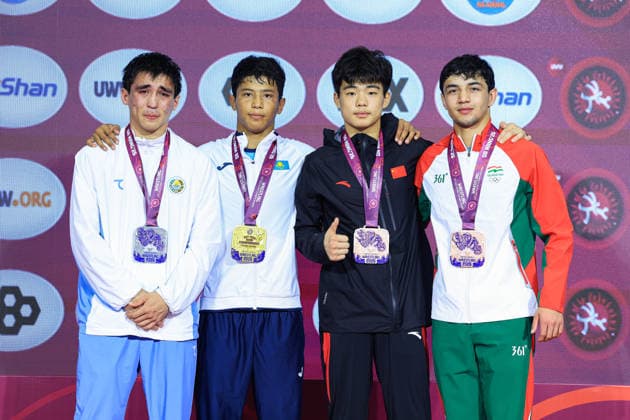 U17 Wrestling Asian Championships Podium 65kg GR Gold Miras Makhambet KAZ , Silver Sardor Makhmudov UZB , Bronze Yunqi Chu CHN , Amirjon Obidov TJK Copyright: xAmirrezaxAliasgarix xUnitedxWorlx Kadir Caliskan United World Wr
