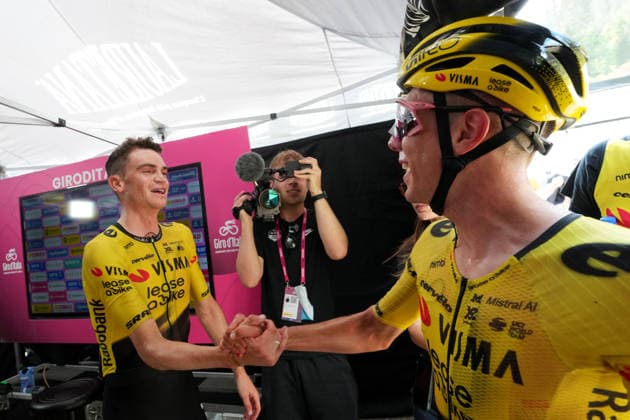 United States™ Sepp Kuss of Team Visma Lease A Bike react after win the stage 19 of the Giro d™Italia, from Feltre to Alleghe, Italy, Friday, May 29, 2026.  Copyright: xSimonexSpada LaPressex
