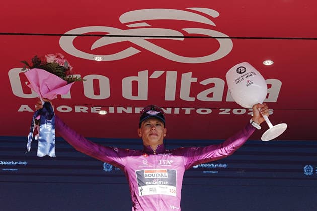 The cyclamen jersey France™s Paul Magnier of Soudal Quick-Step during Stage 19 of the Giro d™Italia from Feltre to Alleghe (Piani di Pezze ) Italy, Friday May 29, 2026  Copyright: xGianxMattiaxD Alberto LaPressex