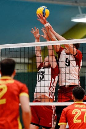 VOLLEYBALL - OEVV, AUT vs ESP, test match STEINBRUNN,AUSTRIA,29.MAY.26 - VOLLEYBALL - OEVV, Oesterreichischer Volleyball Verband, test match, Austria vs Spain. Image shows Max Thaller and Sebastian Sablatnig (AUT).  GEPAxpictures xKevinxKada