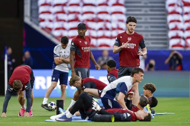 BUDAPEST - (lr) Noni Madueke of Arsenal FC, Declan Rice of Arsenal FC during MD-1 training ahead of the UEFA Champions League final between Paris Saint-Germain and Arsenal FC at the Puskas Arena on 29 May 2026, Budapest, Hungary. MAURICE VAN STEEN ANP UEFA Champions League Final 2026 2025-2026 xVIxANPxSportx xMauricexvanxSteenxIVx 559612752 originalFilename: 559612752.jpg