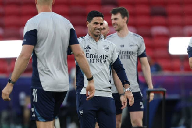 Mikel Artera (centre), head coach of Arsenal smiles in training at the Puskas Arena on 29 May 2026, on the eve of the UEFA Champions League 2025-26 Final soccer match between Paris Saint-Germain FC and Arsenal FC, in Budapest, Hungary. UEFA Champions League - Paris Saint-Germain FC v Arsenal FC