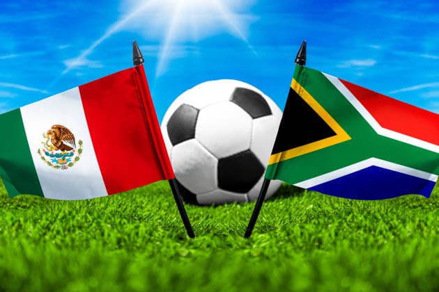 May 22, 2026: PHOTO MONTAGE, 2026 FIFA World Cup, WM, Weltmeisterschaft, Fussball National flags of Mexico and South Africa with a soccer ball on a field. Stock image for the group stage match on June 11 at the 2026 FIFA World Cup *** FOTOMONTAGE, Fußball-Weltmeisterschaft 2026: Nationalflaggen von Mexiko und Südafrika mit Fußball auf Rasen. Symbolbild zum WM-Gruppenspiel am 11 Juni bei der FIFA Fussball-Weltmeisterschaft 2026