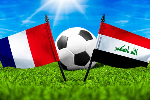 May 22, 2026: PHOTO MONTAGE, 2026 FIFA World Cup, WM, Weltmeisterschaft, Fussball National flags of France and Iraq with a soccer ball on the field. Stock image for the group stage match on June 22 at the 2026 FIFA World Cup *** FOTOMONTAGE, Fußball-Weltmeisterschaft 2026: Nationalflaggen von Frankreich und Irak mit Fußball auf Rasen. Symbolbild zum WM-Gruppenspiel am 22 Juni bei der FIFA Fussball-Weltmeisterschaft 2026