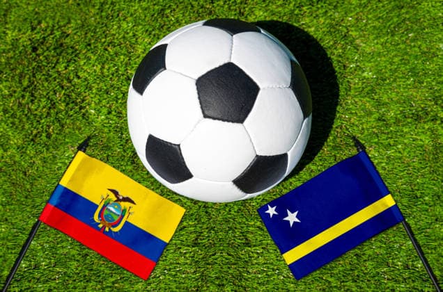 May 22, 2026: PHOTO MONTAGE, 2026 FIFA World Cup, WM, Weltmeisterschaft, Fussball National flags of Ecuador and Curacao with a soccer ball on a field. Stock image for the group stage match on June 21 at the 2026 FIFA World Cup *** FOTOMONTAGE, Fußball-Weltmeisterschaft 2026: Nationalflaggen von Ecuador und Curacao mit Fußball auf Rasen. Symbolbild zum WM-Gruppenspiel am 21 Juni bei der FIFA Fussball-Weltmeisterschaft 2026