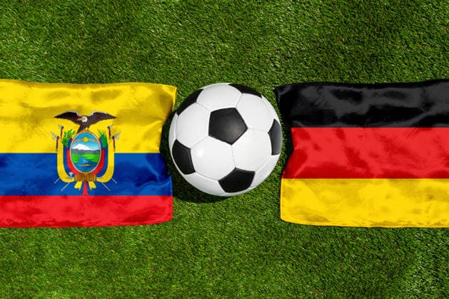 May 22, 2026: PHOTO MONTAGE, 2026 FIFA World Cup, WM, Weltmeisterschaft, Fussball National flags of Ecuador and Germany with a soccer ball on the field. Illustrative image for the group stage match on June 25 at the 2026 FIFA World Cup *** FOTOMONTAGE, Fußball-Weltmeisterschaft 2026: Nationalflaggen von Ecuador und Deutschland mit Fußball auf Rasen. Symbolbild zum WM-Gruppenspiel am 25 Juni bei der FIFA Fussball-Weltmeisterschaft 2026