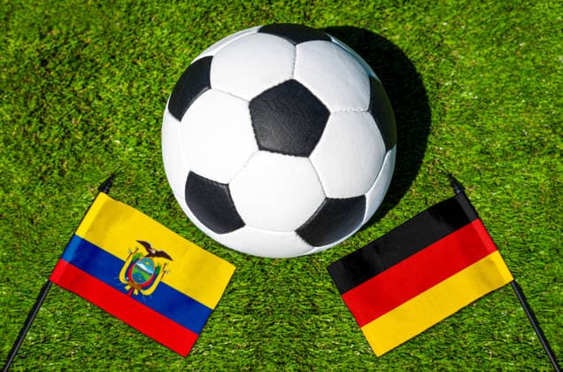 May 22, 2026: PHOTO MONTAGE, 2026 FIFA World Cup, WM, Weltmeisterschaft, Fussball National flags of Ecuador and Germany with a soccer ball on the field. Illustrative image for the group stage match on June 25 at the 2026 FIFA World Cup *** FOTOMONTAGE, Fußball-Weltmeisterschaft 2026: Nationalflaggen von Ecuador und Deutschland mit Fußball auf Rasen. Symbolbild zum WM-Gruppenspiel am 25 Juni bei der FIFA Fussball-Weltmeisterschaft 2026