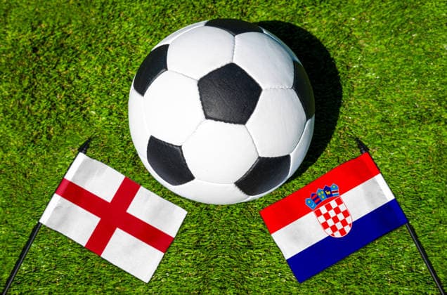 May 22, 2026: PHOTO MONTAGE, 2026 FIFA World Cup, WM, Weltmeisterschaft, Fussball National flags of England and Croatia with a soccer ball on the field. Illustrative image for the group stage match on June 17 at the 2026 FIFA World Cup *** FOTOMONTAGE, Fußball-Weltmeisterschaft 2026: Nationalflaggen von England und Kroatien mit Fußball auf Rasen. Symbolbild zum WM-Gruppenspiel am 17 Juni bei der FIFA Fussball-Weltmeisterschaft 2026