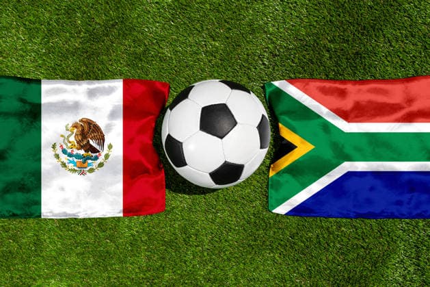 May 22, 2026: PHOTO MONTAGE, 2026 FIFA World Cup, WM, Weltmeisterschaft, Fussball National flags of Mexico and South Africa with a soccer ball on a field. Stock image for the group stage match on June 11 at the 2026 FIFA World Cup *** FOTOMONTAGE, Fußball-Weltmeisterschaft 2026: Nationalflaggen von Mexiko und Südafrika mit Fußball auf Rasen. Symbolbild zum WM-Gruppenspiel am 11 Juni bei der FIFA Fussball-Weltmeisterschaft 2026