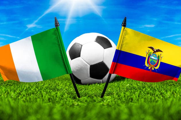 May 22, 2026: PHOTO MONTAGE, 2026 FIFA World Cup, WM, Weltmeisterschaft, Fussball National flags of Ivory Coast and Ecuador with a soccer ball on the field. Stock image for the group stage match on June 15 at the 2026 FIFA World Cup *** FOTOMONTAGE, Fußball-Weltmeisterschaft 2026: Nationalflaggen von Elfenbeinküste und Equador mit Fußball auf Rasen. Symbolbild zum WM-Gruppenspiel am 15 Juni bei der FIFA Fussball-Weltmeisterschaft 2026