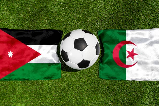 May 22, 2026: PHOTO MONTAGE, 2026 FIFA World Cup, WM, Weltmeisterschaft, Fussball National flags of Jordan and Algeria with a soccer ball on the field. Stock image for the group stage match on June 23 at the 2026 FIFA World Cup *** FOTOMONTAGE, Fußball-Weltmeisterschaft 2026: Nationalflaggen von Jordanien und Algerien mit Fußball auf Rasen. Symbolbild zum WM-Gruppenspiel am 23 Juni bei der FIFA Fussball-Weltmeisterschaft 2026