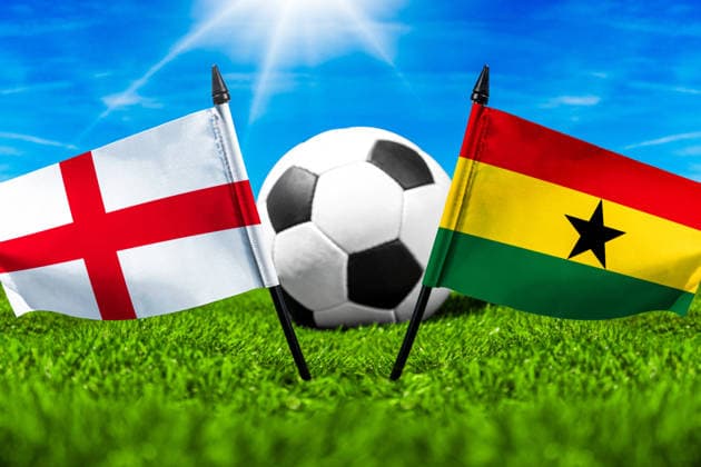 May 22, 2026: PHOTO MONTAGE, 2026 FIFA World Cup, WM, Weltmeisterschaft, Fussball National flags of England and Ghana with a soccer ball on the field. Stock image for the group stage match on June 23 at the 2026 FIFA World Cup *** FOTOMONTAGE, Fußball-Weltmeisterschaft 2026: Nationalflaggen von England und Ghana mit Fußball auf Rasen. Symbolbild zum WM-Gruppenspiel am 23 Juni bei der FIFA Fussball-Weltmeisterschaft 2026