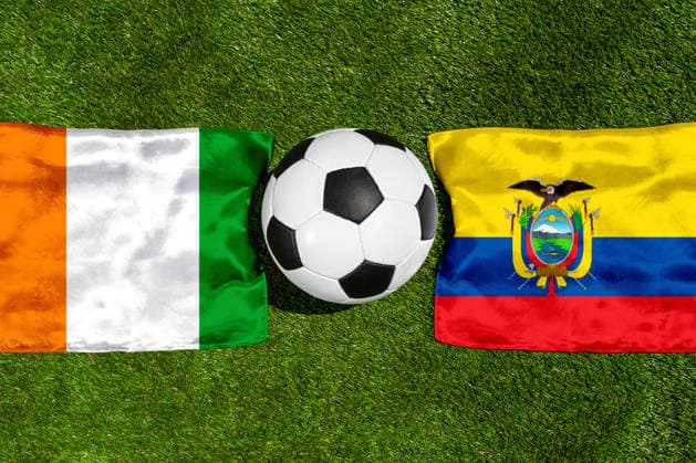 May 22, 2026: PHOTO MONTAGE, 2026 FIFA World Cup, WM, Weltmeisterschaft, Fussball National flags of Ivory Coast and Ecuador with a soccer ball on the field. Stock image for the group stage match on June 15 at the 2026 FIFA World Cup *** FOTOMONTAGE, Fußball-Weltmeisterschaft 2026: Nationalflaggen von Elfenbeinküste und Equador mit Fußball auf Rasen. Symbolbild zum WM-Gruppenspiel am 15 Juni bei der FIFA Fussball-Weltmeisterschaft 2026