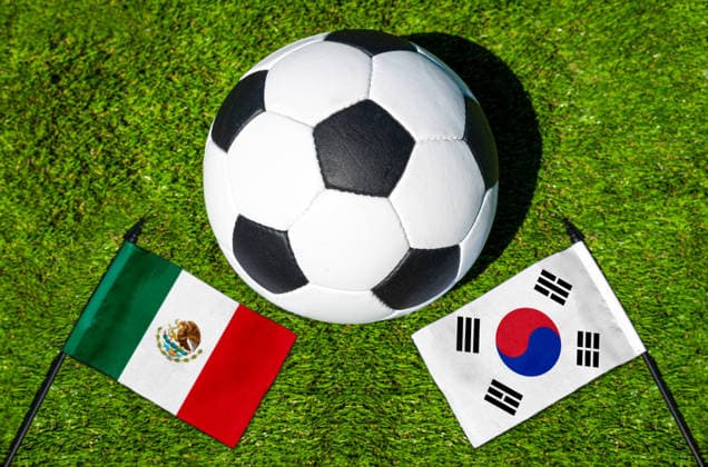 May 22, 2026: PHOTO MONTAGE, 2026 FIFA World Cup, WM, Weltmeisterschaft, Fussball National flags of Mexico and South Korea with a soccer ball on a field. Illustrative image for the group stage match on June 19 at the 2026 FIFA World Cup *** FOTOMONTAGE, Fußball-Weltmeisterschaft 2026: Nationalflaggen von Mexico und Südkorea mit Fußball auf Rasen. Symbolbild zum WM-Gruppenspiel am 19 Juni bei der FIFA Fussball-Weltmeisterschaft 2026