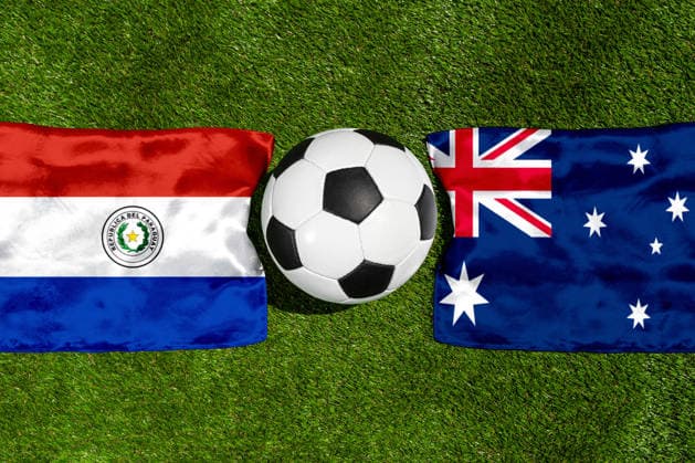 May 22, 2026: PHOTO MONTAGE, 2026 FIFA World Cup, WM, Weltmeisterschaft, Fussball National flags of Paraguay and Australia with a soccer ball on a field. Stock image for the group stage match on June 26 at the 2026 FIFA World Cup *** FOTOMONTAGE, Fußball-Weltmeisterschaft 2026: Nationalflaggen von Paraguay und Australien mit Fußball auf Rasen. Symbolbild zum WM-Gruppenspiel am 26 Juni bei der FIFA Fussball-Weltmeisterschaft 2026