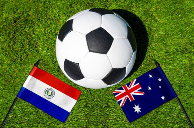 May 22, 2026: PHOTO MONTAGE, 2026 FIFA World Cup, WM, Weltmeisterschaft, Fussball National flags of Paraguay and Australia with a soccer ball on a field. Stock image for the group stage match on June 26 at the 2026 FIFA World Cup *** FOTOMONTAGE, Fußball-Weltmeisterschaft 2026: Nationalflaggen von Paraguay und Australien mit Fußball auf Rasen. Symbolbild zum WM-Gruppenspiel am 26 Juni bei der FIFA Fussball-Weltmeisterschaft 2026