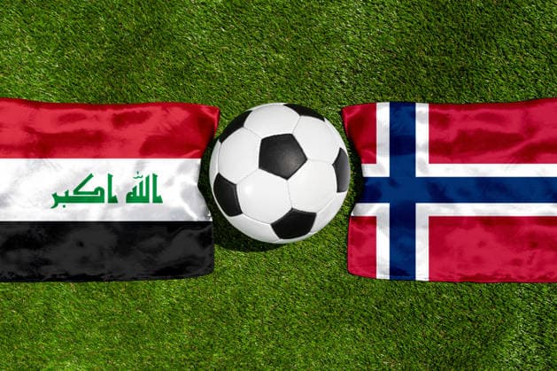 May 22, 2026: PHOTO MONTAGE, 2026 FIFA World Cup, WM, Weltmeisterschaft, Fussball National flags of Iraq and Norway with a soccer ball on the field. Illustrative image for the group stage match on June 17 at the 2026 FIFA World Cup *** FOTOMONTAGE, Fußball-Weltmeisterschaft 2026: Nationalflaggen von Irak und Norwegen mit Fußball auf Rasen. Symbolbild zum WM-Gruppenspiel am 17 Juni bei der FIFA Fussball-Weltmeisterschaft 2026