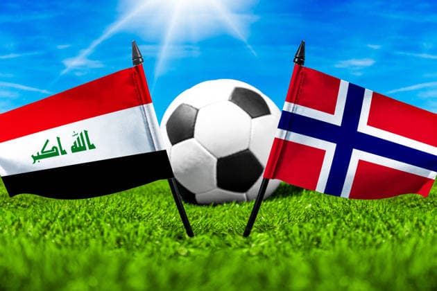 May 22, 2026: PHOTO MONTAGE, 2026 FIFA World Cup, WM, Weltmeisterschaft, Fussball National flags of Iraq and Norway with a soccer ball on the field. Illustrative image for the group stage match on June 17 at the 2026 FIFA World Cup *** FOTOMONTAGE, Fußball-Weltmeisterschaft 2026: Nationalflaggen von Irak und Norwegen mit Fußball auf Rasen. Symbolbild zum WM-Gruppenspiel am 17 Juni bei der FIFA Fussball-Weltmeisterschaft 2026
