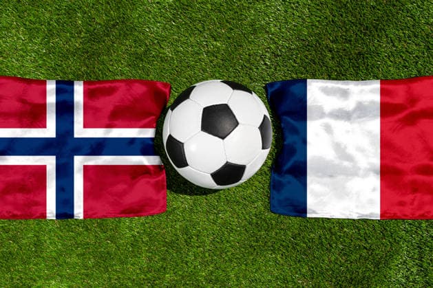 May 22, 2026: PHOTO MONTAGE, 2026 FIFA World Cup, WM, Weltmeisterschaft, Fussball National flags of Norway and France with a soccer ball on a field. Illustrative image for the group stage match on June 26 at the 2026 FIFA World Cup *** FOTOMONTAGE, Fußball-Weltmeisterschaft 2026: Nationalflaggen von Norwegen und Frankreich mit Fußball auf Rasen. Symbolbild zum WM-Gruppenspiel am 26 Juni bei der FIFA Fussball-Weltmeisterschaft 2026