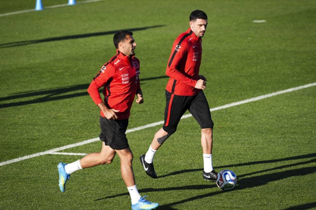 Turkish National Football Team training session ISTANBUL, TURKIYE - MAY 29: Turkish National Football Team players Merih Demiral (R) and Zeki Celik (L) attend the training session, under the lead of head coach Vincenzo Montella, ahead of the 2026 FIFA World Cup, WM, Weltmeisterschaft, Fussball at Hasan Dogan National Teams Camp and Training Facilities in Istanbul, Turkiye on May 29, 2026. Beyza Comert Anadolu Istanbul Turkey. Editorial use only. Please get in touch for any other usage.  Copyright: x2026xAnadoluxBeyzaxComertx
