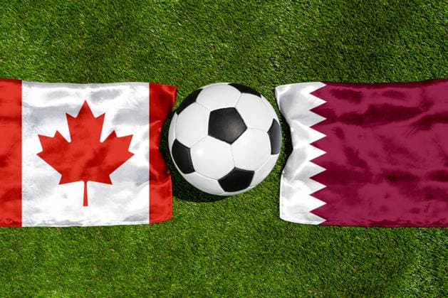 May 22, 2026: PHOTO MONTAGE, 2026 FIFA World Cup, WM, Weltmeisterschaft, Fussball National flags of Canada and Qatar with a soccer ball on the field. Illustrative image for the group stage match on June 19 at the 2026 FIFA World Cup *** FOTOMONTAGE, Fußball-Weltmeisterschaft 2026: Nationalflaggen von Kanada und Katar mit Fußball auf Rasen. Symbolbild zum WM-Gruppenspiel am 19 Juni bei der FIFA Fussball-Weltmeisterschaft 2026