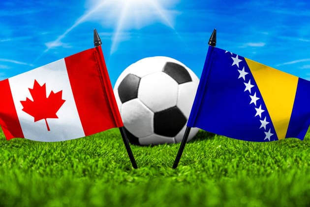 May 22, 2026: PHOTO MONTAGE, 2026 FIFA World Cup, WM, Weltmeisterschaft, Fussball National flags of Canada and Bosnia and Herzegovina with a soccer ball on the field. Illustrative image for the group stage match on June 12 at the 2026 FIFA World Cup *** FOTOMONTAGE, Fußball-Weltmeisterschaft 2026: Nationalflaggen von Kanada und Bosnien Herzegowina mit Fußball auf Rasen. Symbolbild zum WM-Gruppenspiel am 12 Juni bei der FIFA Fussball-Weltmeisterschaft 2026