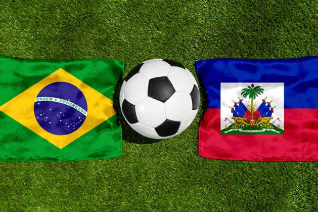 May 22, 2026: PHOTO MONTAGE, 2026 FIFA World Cup, WM, Weltmeisterschaft, Fussball National flags of Brazil and Haiti with a soccer ball on the field. Stock image for the group stage match on June 20 at the 2026 FIFA World Cup *** FOTOMONTAGE, Fußball-Weltmeisterschaft 2026: Nationalflaggen von Brasilien und Haiti mit Fußball auf Rasen. Symbolbild zum WM-Gruppenspiel am 20 Juni bei der FIFA Fussball-Weltmeisterschaft 2026
