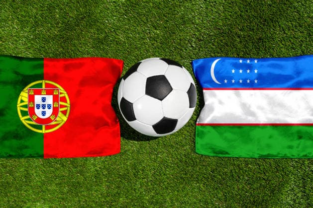 May 22, 2026: PHOTO MONTAGE, 2026 FIFA World Cup, WM, Weltmeisterschaft, Fussball National flags of Portugal and Uzbekistan with a soccer ball on a field. Stock image for the group stage match on June 23 at the 2026 FIFA World Cup *** FOTOMONTAGE, Fußball-Weltmeisterschaft 2026: Nationalflaggen von Portugal und Usbekistan mit Fußball auf Rasen. Symbolbild zum WM-Gruppenspiel am 23 Juni bei der FIFA Fussball-Weltmeisterschaft 2026