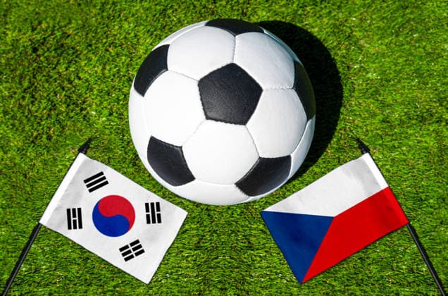 May 22, 2026: PHOTO MONTAGE, 2026 FIFA World Cup, WM, Weltmeisterschaft, Fussball National flags of South Korea and the Czech Republic with a soccer ball on the field. Stock image for the group stage match on June 12 at the 2026 FIFA World Cup *** FOTOMONTAGE, Fußball-Weltmeisterschaft 2026: Nationalflaggen von Südkorea und Tschechien mit Fußball auf Rasen. Symbolbild zum WM-Gruppenspiel am 12 Juni bei der FIFA Fussball-Weltmeisterschaft 2026