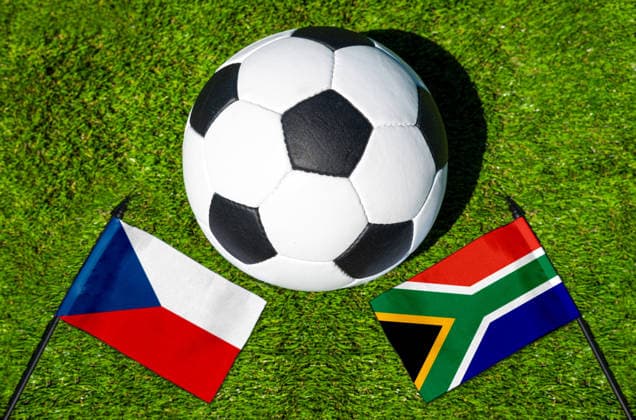 May 22, 2026: PHOTO MONTAGE, 2026 FIFA World Cup, WM, Weltmeisterschaft, Fussball National flags of the Czech Republic and South Africa with a soccer ball on the field. Stock image for the group stage match on June 18 at the 2026 FIFA World Cup *** FOTOMONTAGE, Fußball-Weltmeisterschaft 2026: Nationalflaggen von Tschechien und Südafrika mit Fußball auf Rasen. Symbolbild zum WM-Gruppenspiel am 18 Juni bei der FIFA Fussball-Weltmeisterschaft 2026