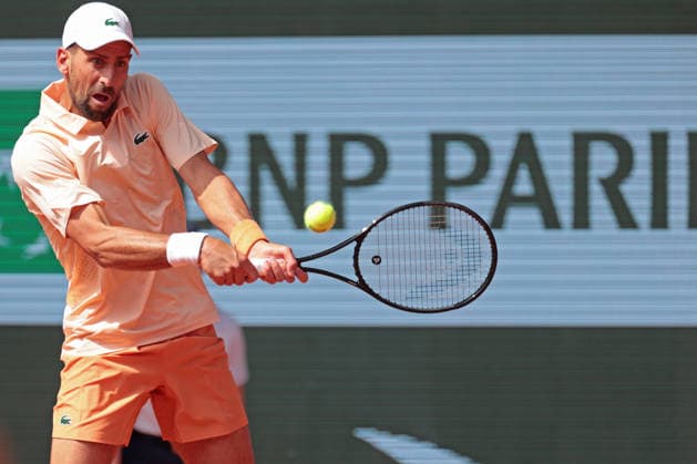 RECORD DATE NOT STATED 29th May 2026; Roland Garros, Paris, France; 2026 French Open Tennis, Day 11; Novak Djokovic (SRB) backhand against Joao Fonseca (BRA) JonxBromley