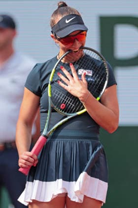 RECORD DATE NOT STATED 29th May 2026; Roland Garros, Paris, France; 2026 French Open Tennis, Day 11; Tamara Korpatsch (GER) bites her racket in frustration against Elina Svitolina (UKR) JonxBromley