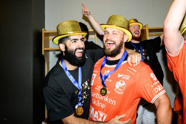 260529 IFK Kristianstads Axel Mansson and William Höghielm cheer after the final four in the Mens Handball League between HK Malmö and IFK Kristianstad on May 29, 2026 in Malmö  Copyright: MATHILDAxSCHULER BB260529MA109