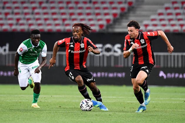 OGC Nice v AS Saint-Etienne - Ligue 1 McDonald s 2025 2026 - Relegation Promotion Playoffs 14 Abdoulaye KANTE (asse) - 20 Tom LOUCHET (ogcn) - 11 Elye WAHI (ogcn) during the Ligue 1 Relegation Promotion Playoffs matchs between Nice and Saint-Etienne at Allianz Riviera on May 29, 2026 in Nice, France. Nice France  Copyright: xFEPx 776502581