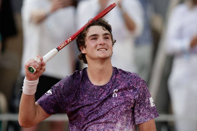 French Open Joa Fonseca beams with joy after his win over Novak Djokovic during at the 2026 Roland Garros tournament in Paris, FRANCE, on May 29 2026 Copyright: AntonioxBorga