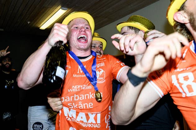 260529 IFK Kristianstads Axel Mansson celebrates after winning the final four of the Mens Handball League between HK Malmö and IFK Kristianstad on May 29, 2026 in Malmö  Copyright: MATHILDAxSCHULER BB260529MA119