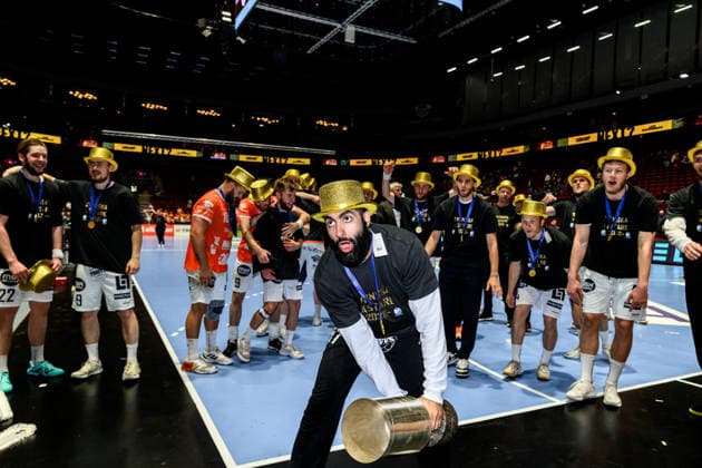 260529 IFK Kristianstads Hayder Al Khafadji celebrates after the final four of the Handball League Men between HK Malmö and IFK Kristianstad on May 29, 2026 in Malmö  Copyright: MATHILDAxSCHULER BB260529MA129