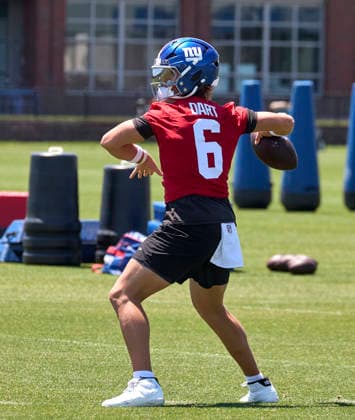 New York Giants quarterback Jaxson Dart (6) during organized team activities at the Quest Diagnostics Training Center in East Rutherford, New Jersey on Friday, May 29, 2026. CSM East Rutherford United States - ZUMAc04_ 20260529_zma_c04_005 Copyright: xDuncanxWilliamsx