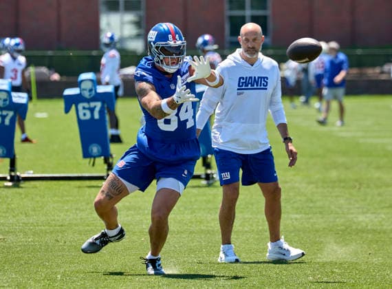 New York Giants tight end Theo Johnson (84) running drills during organized team activities at the Quest Diagnostics Training Center in East Rutherford, New Jersey on Friday, May 29, 2026. CSM East Rutherford United States - ZUMAc04_ 20260529_zma_c04_018 Copyright: xDuncanxWilliamsx