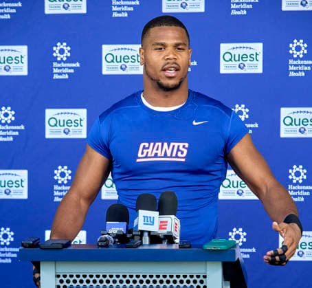 New York Giants linebacker Abdul Carter (3) address media during organized team activities at the Quest Diagnostics Training Center in East Rutherford, New Jersey on Friday, May 29, 2026. CSM East Rutherford United States - ZUMAc04_ 20260529_zma_c04_026 Copyright: xDuncanxWilliamsx