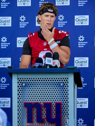 New York quarterback Jaxson Dart (6) address the media during organized team activities at the Quest Diagnostics Training Center in East Rutherford, New Jersey on Friday, May 29, 2026. CSM East Rutherford United States - ZUMAc04_ 20260529_zma_c04_048 Copyright: xDuncanxWilliamsx