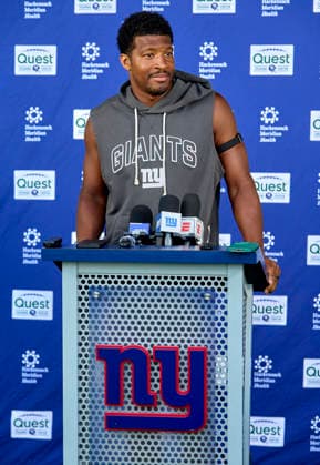 New York Giants quarterback Jameis Winston (19) address media during organized team activities at the Quest Diagnostics Training Center in East Rutherford, New Jersey on Friday, May 29, 2026. CSM East Rutherford United States - ZUMAc04_ 20260529_zma_c04_052 Copyright: xDuncanxWilliamsx
