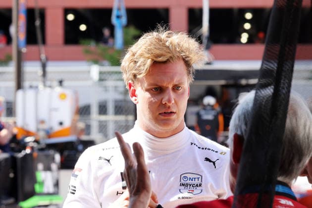 Mike Schumacher GER Honda 47 with wild hair after the end of the 1st free practice, Team Rahal Letterman Lanigan Racing, Detroit, Michigan, USA, 29 05 2026, Indycar Series, Wild hairstyle