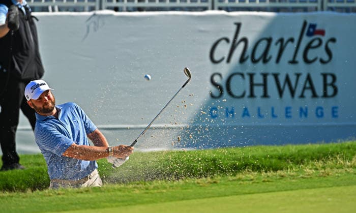 FORTH WORTH, TX - MAY 29: Brice Garnett hits from the sand trap onto the seventeenth green during the second round of the PGA, Golf Herren Charles Schwab Challenge at Colonial Country Club on Friday, May 29, 2026 in Fort Worth, TX. (Photo by Austin McAfee Icon Sportswire) GOLF: MAY 29 PGA Charles Schwab Challenge EDITORIAL USE ONLY Icon260529003