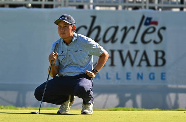 FORTH WORTH, TX - MAY 29: Dylan Wu examines the seventeenth green during the second round of the PGA, Golf Herren Charles Schwab Challenge at Colonial Country Club on Friday, May 29, 2026 in Fort Worth, TX. (Photo by Austin McAfee Icon Sportswire) GOLF: MAY 29 PGA Charles Schwab Challenge EDITORIAL USE ONLY Icon260529004