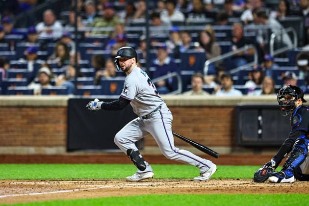 Miami Marlins v New York Mets - MLB, Baseball Herren, USA Miami Marlins player Liam Hicks, 34, doubles during the seventh inning of a baseball game against the New York Mets at Citi Field in Corona, New York, on May 29, 2026. Flushing United States  Copyright: xGordonxDonovanx originalFilename:donovan-mlbmiami260529_np7yF.jpg
