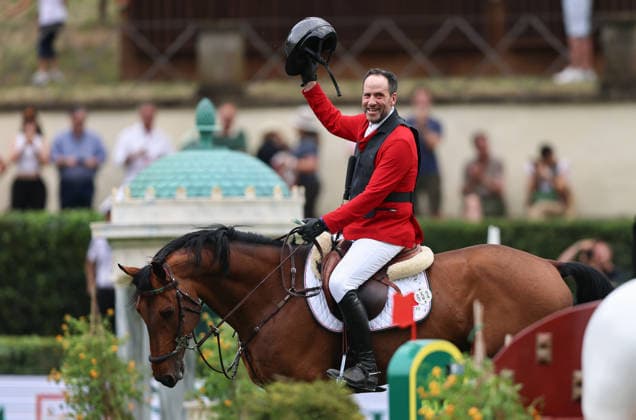 (260530) -- ROME, May 30, 2026 -- Patricio Pasquel of Mexico celebrates after the nations cup event of equestrian at the 2026 CSIO (Official International Show Jumping Competition) of Rome in Piazza di Siena of Rome, Italy, May 29, 2026. ) (SP)ITALY-ROME-EQUESTRIAN-2026 CSIO-NATIONS CUP WangxKaiyan 